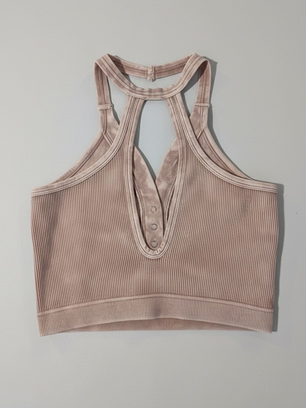 ZENANA Mineral Wash Ribbed Brami Crop Tank Taupe Beige Snap Front Racerback - Picture 3 of 4